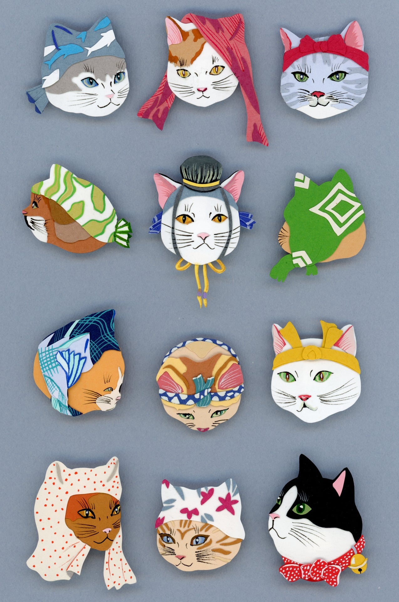 Twelve Cats in Scarves Print